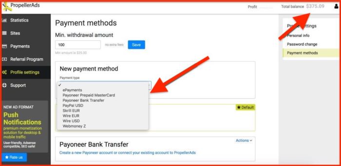 Propellerads minimum payout